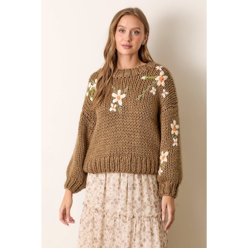 Polagram Taupe Size Large Embroidered Flower Print Knit Sweater